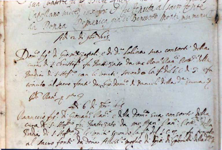 foto del libro dei Battesimi Parrocchiali S. Maria di Labante dal 1609 al 1668 contenente vari richiami al cognome Zapoli