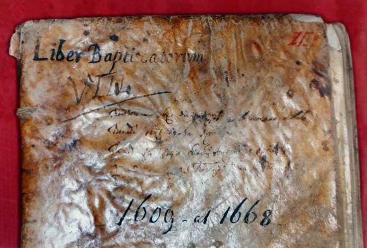 foto del libro dei Battesimi Parrocchiali S. Maria di Labante dal 1609 al 1668 contenente vari richiami al cognome Zapoli